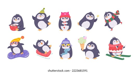 Cute penguin actions set vector illustration. Cartoon isolated funny animal characters eating ice cream, penguin in sweater skiing, riding snowboard, holding sea fish and sparklers for celebration