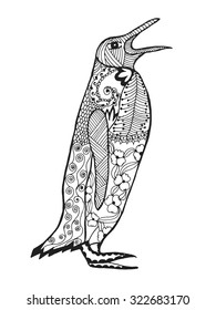 Cute penguin. Adult antistress coloring page. Black white hand drawn doodle animal. Ethnic patterned vector. African, indian, totem tribal, zentangle design. Sketch for tattoo, poster, print, t-shirt
