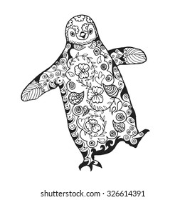 Cute penguin. Adult antistress coloring page. Black white hand drawn doodle animal. Ethnic patterned vector. African, indian, totem tribal, zentangle design. Sketch for tattoo, poster, print, t-shirt