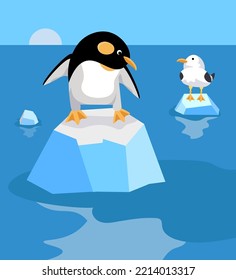 Cute penguin among the ice, icebergs in cartoon style. Character for postcards, books for children, scene for a poster. Vector illustration.
