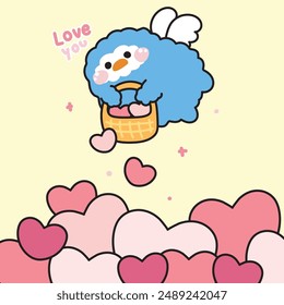 Lindos ángeles pingüinos que vuelan sostienen la cesta del corazón con el amor que texto background.Valentines day.Bird personaje animal dibujo animado design.Imagen para tarjeta, póster,sticker.Baby product.Kawaii.Vector.Illustración.