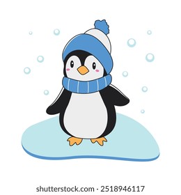 Cute Penguin Animal Cartoon Character Wearing Hat Scarf Warm Clothes Standing on Polar Ice