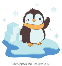 Cute Penguin Animal Cartoon Character Wearing Scarf Standing on Polar Ice with Happy Expression