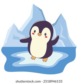 Personagem de Animação de Pinguim Bonito de Pé no Gelo Polar com Montanha Glacier