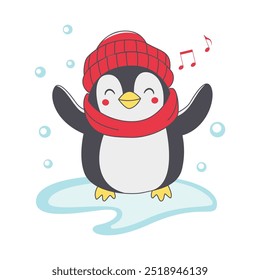 Bonito Pinguim Animal Cartoon Personagem Vestindo Chapéu Roupas Quentes Ouvir Música no Gelo Polar