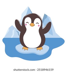 Cute Penguin Animal Cartoon Character Standing on Polar Ice with Glacier Mountain