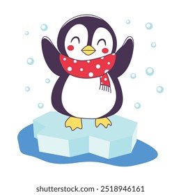 Cute Penguin Animal Cartoon Character Wearing Scarf Standing on Polar Ice with Happy Expression