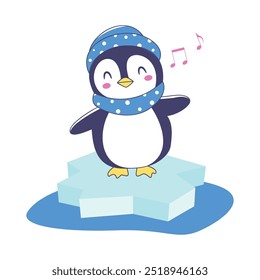 Bonito Pinguim Animal Cartoon Personagem Vestindo Chapéu Roupas Quentes Ouvir Música no Gelo Polar