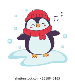 Bonito Pinguim Animal Cartoon Personagem Vestindo Chapéu Roupas Quentes Ouvir Música no Gelo Polar