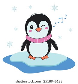 Personagem animal bonito do pinguim vestindo o lenço ouvindo música no gelo polar com expressão feliz