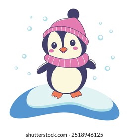 Cute Penguin Animal Character Wearing Hat Scarf Warm Clothes Standing on Polar Ice While Smiling