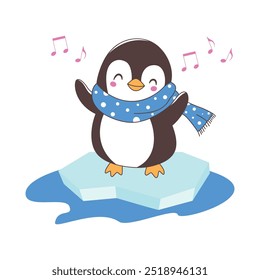 Personagem animal bonito do pinguim vestindo o lenço ouvindo música no gelo polar com expressão feliz