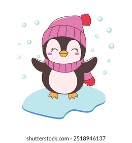 Cute Penguin Animal Character Wearing Hat Scarf Warm Clothes Standing on Polar Ice While Smiling