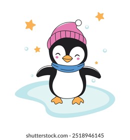 Cute Penguin Animal Character Wearing Hat Scarf Warm Clothes Standing on Polar Ice While Smiling