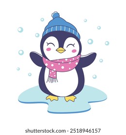 Cute Penguin Animal Character Wearing Hat Scarf Warm Clothes Standing on Polar Ice While Smiling