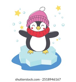 Personagem animal bonito pinguim vestindo chapéu lenço roupas quentes de pé no gelo polar enquanto sorri