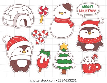 Cute penguin animal christmas and elements doodle sticker for christmas