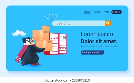 cute penguin animal delivering cardboard boxes delivery service concept arctic bird postman horizontal full length
