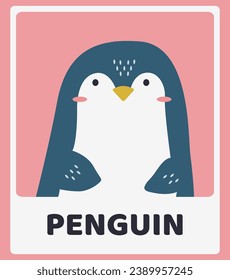 Cute penguin. Animal portraits. Educational cards for children. Simple vector illustrations.