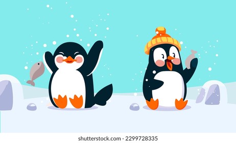 Cute penguin animal with tiny body, kawaii character design set, lovely ice penguin holding fish on the snow, different shapes, flat character vector illustration