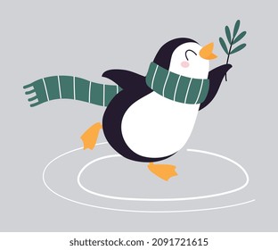 Cute Penguin Animal Wearing Scarf Enjoying Winter Season Vector Illustration