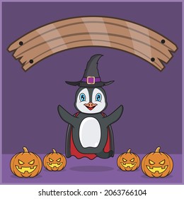 Cute Penguin Animal wearing Vampire Halloween Custome, With Blank Space Banner, Pumpkins and Flying Position. Vector And Illustration.