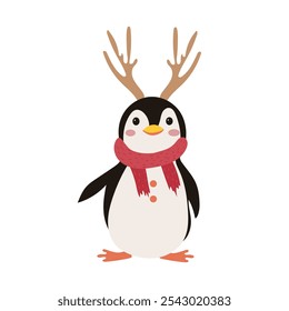Cute penguin with antlers and scarf in flat design. Christmas character. Vector illustration isolated.