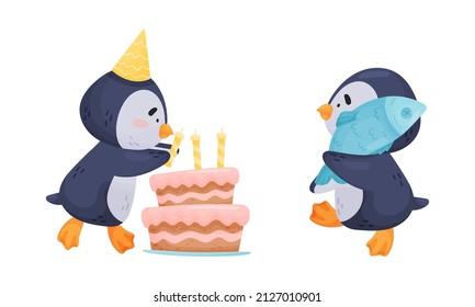 Cute Penguin Arctic Animal Carrying Fish and Putting Candles on Cake Vector Set