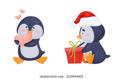 Cute Penguin Arctic Animal Holding Heart and Unwrapping Gift Box Vector Set