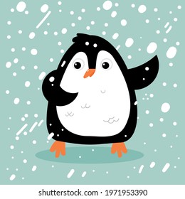 Cute penguin arctic animal vector illustration in cartoon nursery style in a snowfall. Winter art for Christmas.