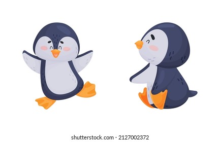 Cute Penguin Arctic Animal Waddling and Sitting Vector Set