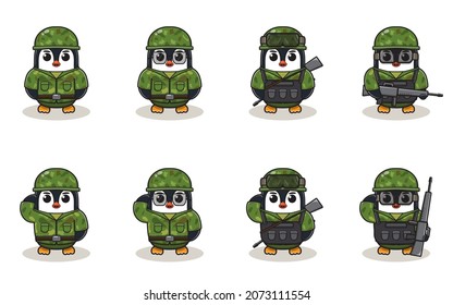 Cute Penguin Army cartoon. Set of Animal soldiers. flat animal cartoon character design. Soldiers Isolated vector illustration.