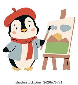 Cute penguin artist drawing a picture. Flat vector illustration in simple children's style on white background 