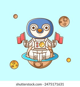 Cute penguin astronaut animal kawaii chibi character mascot illustration outline style design set