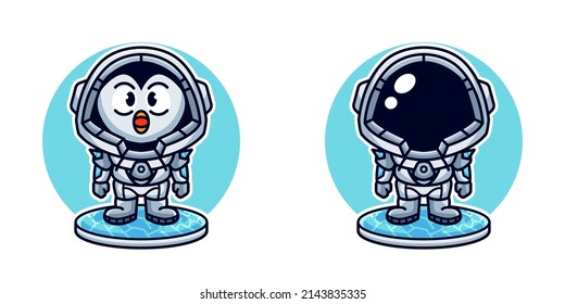 Pingüino lindo ilustrativo vectorial de dibujos animados astronautas 