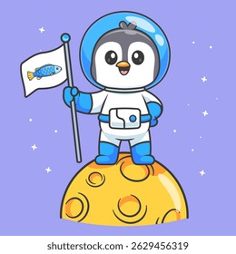 Cute Penguin Astronaut Holding Fish Flag On Moon Cartoon Vector Icon Illustration. Animal Science Icon Concept Isolated Premium Vector. Flat Cartoon Style