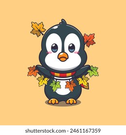 Cute penguin with autumn leaf decoration. Mascot cartoon vector illustration suitable for poster, brochure, web, mascot, sticker, logo and icon.