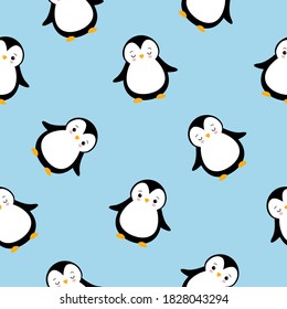 Cute penguin babies. Vector cartoon seamless pattern on blue background