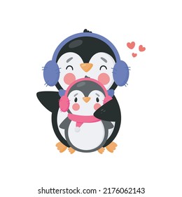 Cute Penguin and baby. Cartoon style. Vector illustration. For card, posters, banners, books, printing on the pack, printing on clothes, fabric, wallpaper, textile or dishes.