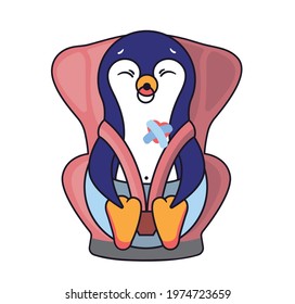 The cute penguin is a baby in a child car seat. Funny character for children with heart disease. 