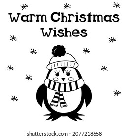 Cute penguin baby in hat and scarf. Warm Christmas Wishes lettering. Vector doodle illustration.