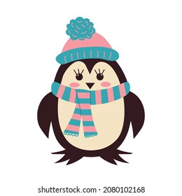 Cute penguin baby in hat and scarf. Winter character. 