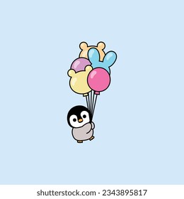 Cute penguin baby holding balloons, vector illustration	