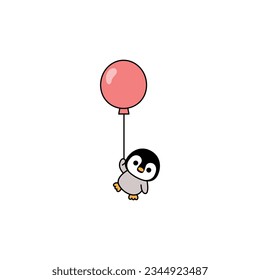 Cute penguin baby holding balloons, vector illustration	