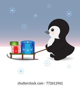 Cute penguin baby on a sled to carry, Christmas, Christmas boxes with gifts. Boxes colored, round. The sled is red-green. Snowflakes fall. Dawn in the sky. Snow is all around