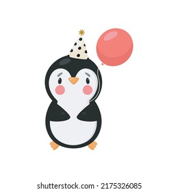 Cute Penguin with balloon . Cartoon style. Vector illustration. For card, posters, banners, books, printing on the pack, printing on clothes, fabric, wallpaper, textile or dishes.