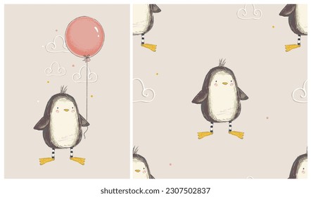 Cute penguin with balloon. Poster and seamless pattern. Hand drawn vector illustration. Can be used for kid's or baby's shirt design, fashion print design, fashion graphic, t-shirt, kids wear