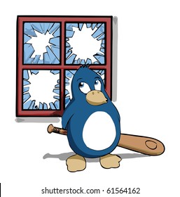 Cute Penguin With Baseball Bat And Broken Window