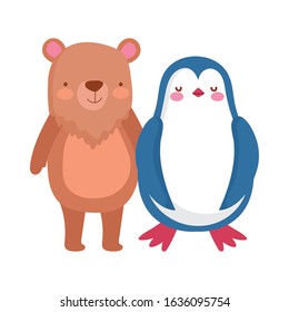 cute penguin and bear cartoon on white background vector illustration