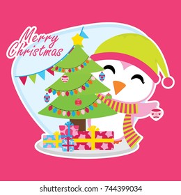 Cute penguin besides Xmas tree and gift boxes on pink background vector cartoon illustration for Christmas card design, wallpaper and greeting card 